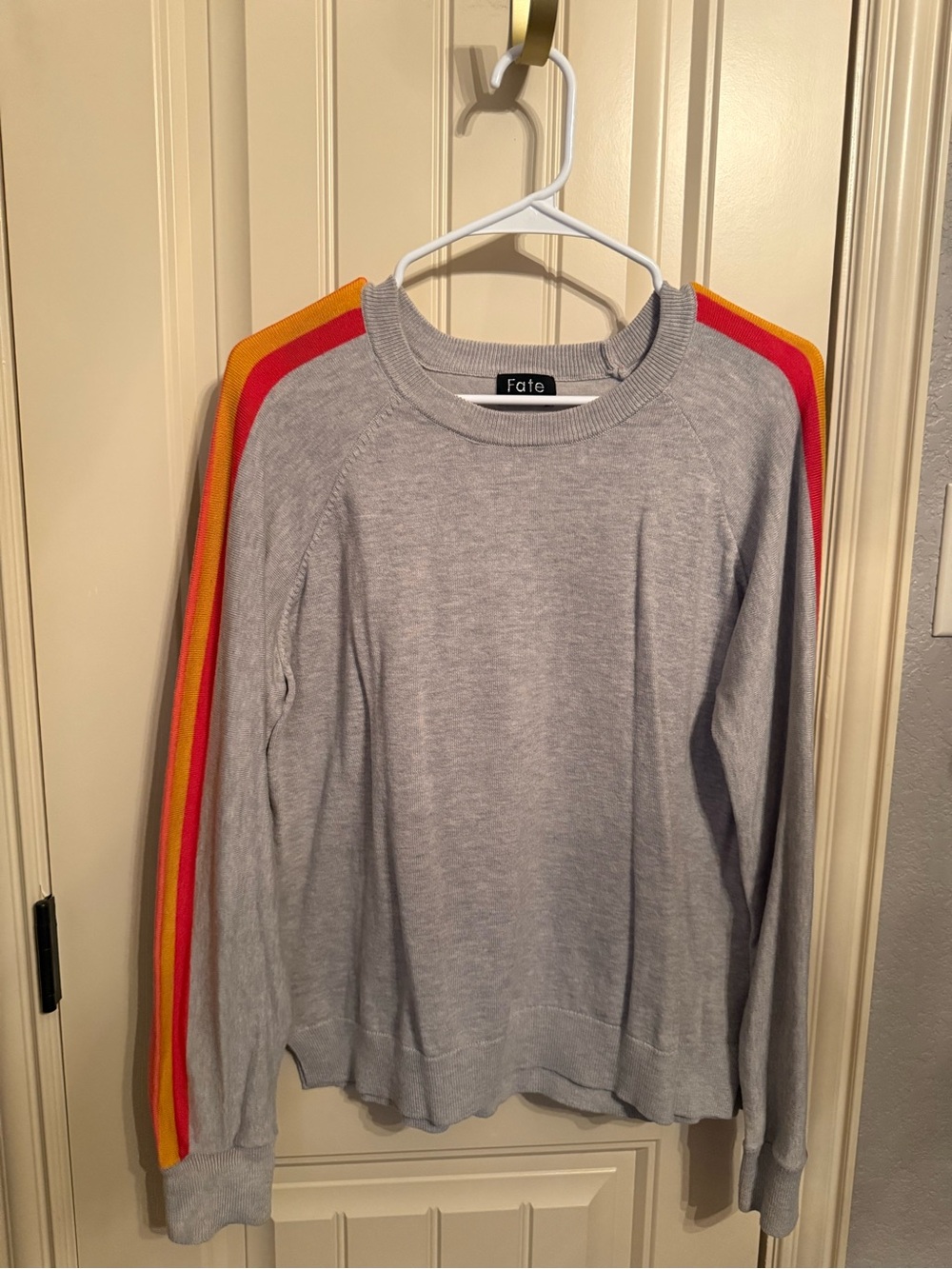 Fate Gray Crewneck Sweater with Red, Orange & Yellow Sleeve Stripes